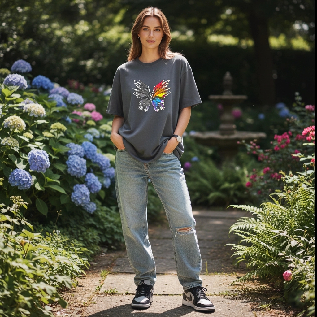 Grey Aesthetic Butterfly Oversize Tee